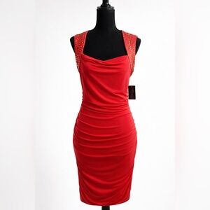Red Ruched Bodycon Dress with Studded Straps